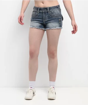 Roning By Benjart Alyssia Crosses Blue Wash Denim Shorts