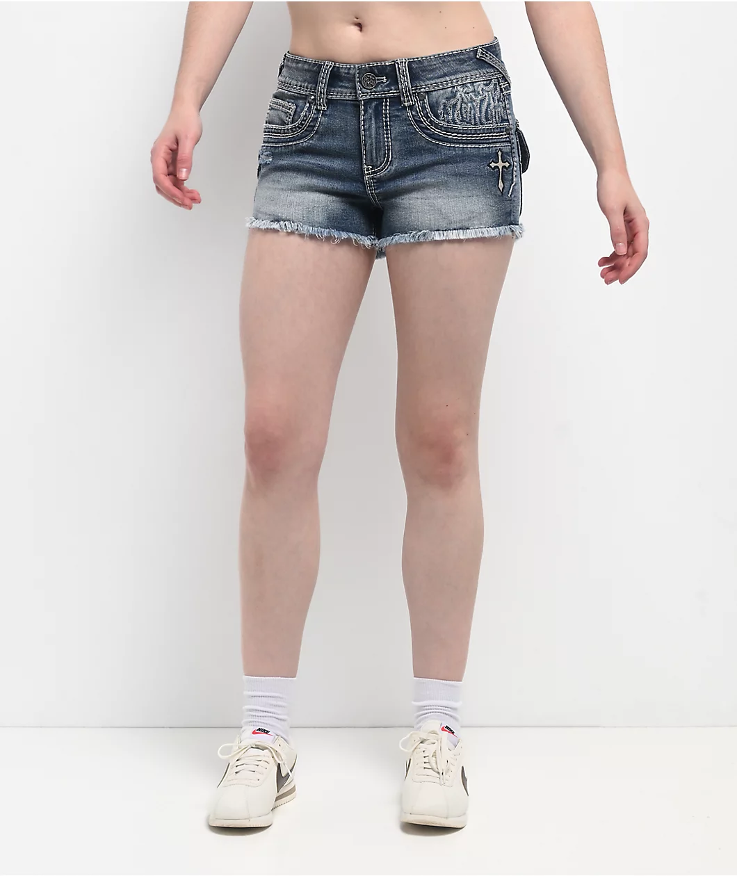 Roning By Benjart Alyssia Crosses Blue Wash Denim Shorts