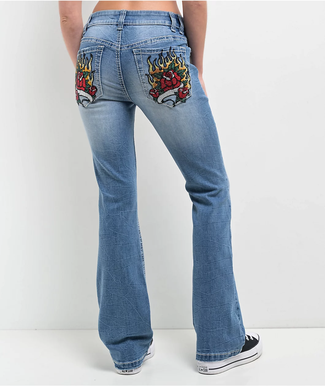 Roning By Benjart Alyssia Rose Rhinestone Blue Wash Bootcut Jeans