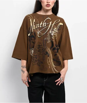 Roning By Benjart Ciara Foil Print Brown Oversized Boxy T-Shirt