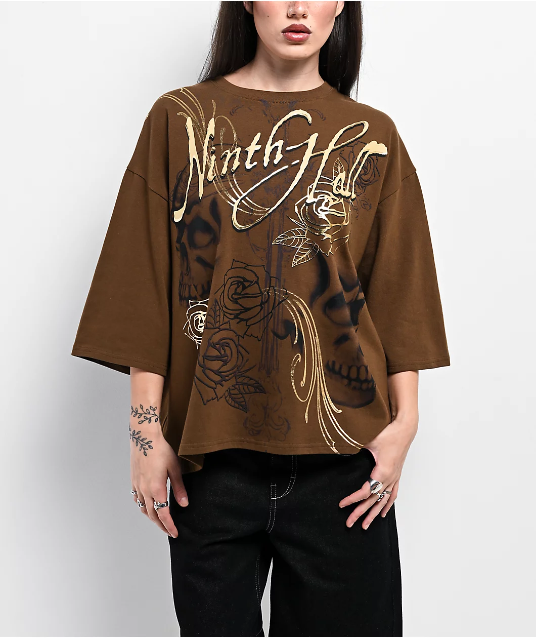 Roning By Benjart Ciara Foil Print Brown Oversized Boxy T-Shirt