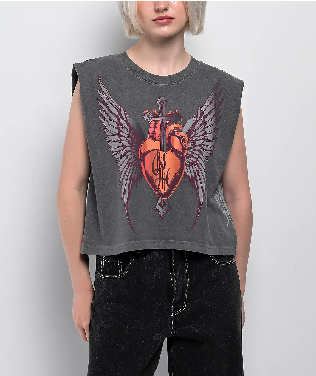 Roning By Benjart Cross My Heart Charcoal Crop Tank Top