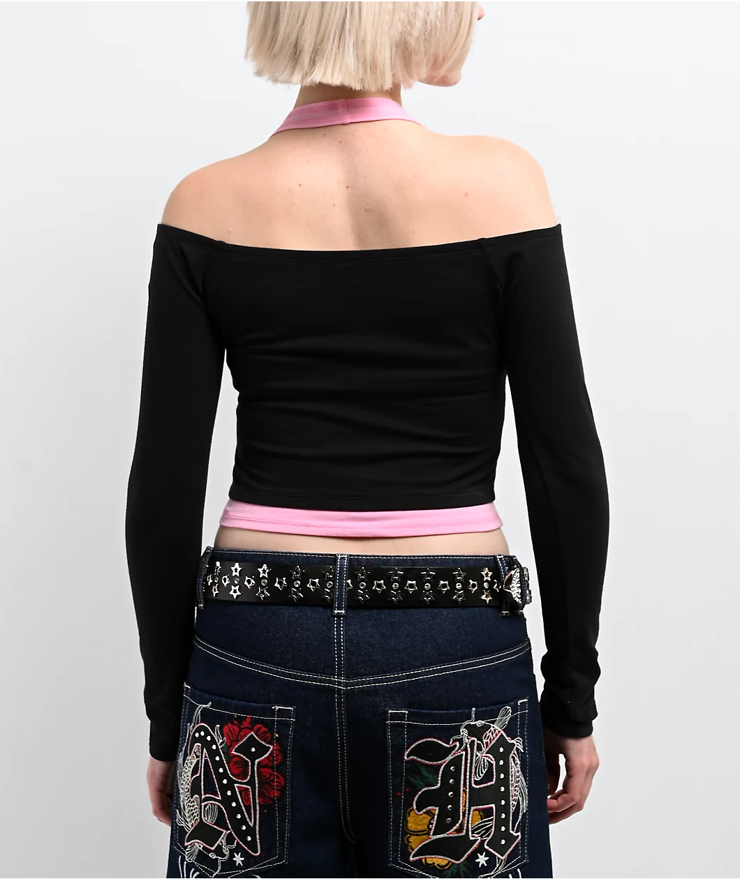 Roning By Benjart Destiny Black & Pink Long Sleeve Faux Halter Top - Image 2