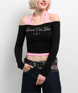 Roning By Benjart Destiny Black & Pink Long Sleeve Faux Halter Top