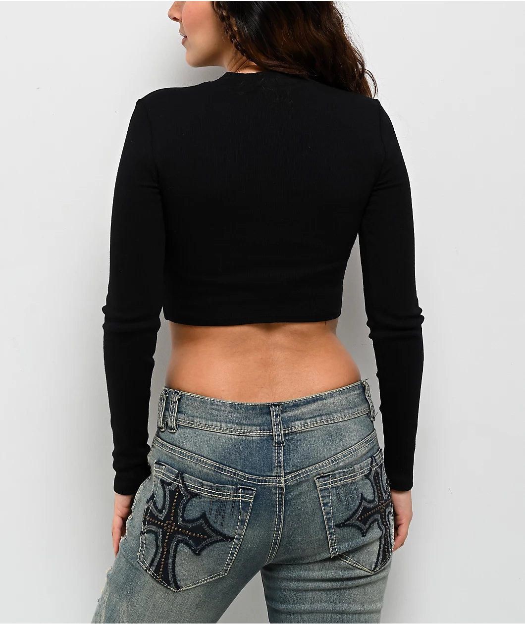Roning By Benjart Krystie Lace Up Black Long Sleeve Crop T-Shirt - Image 2