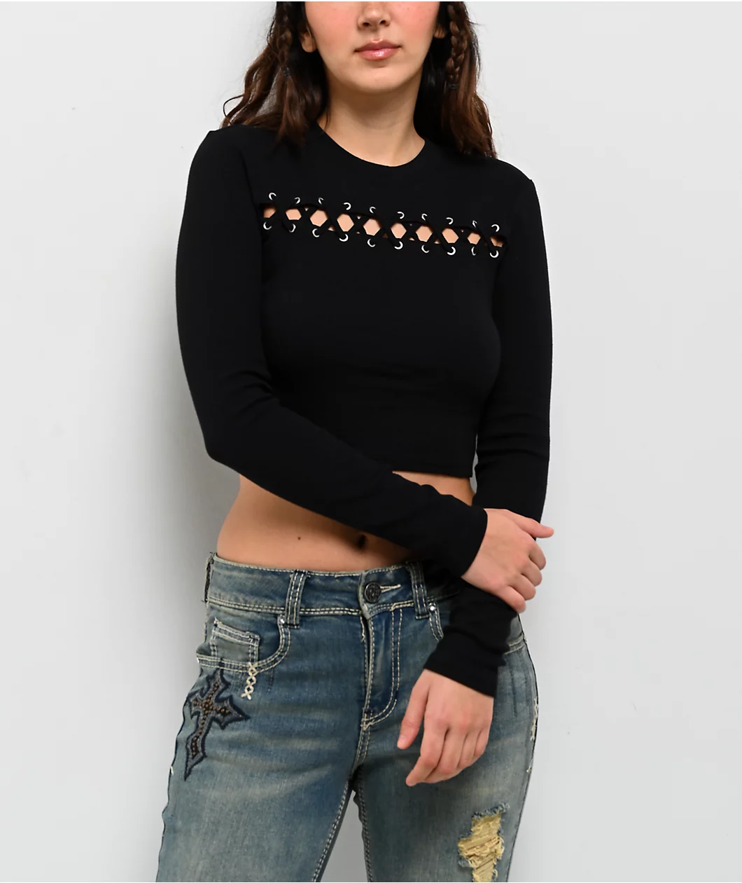 Roning By Benjart Krystie Lace Up Black Long Sleeve Crop T-Shirt