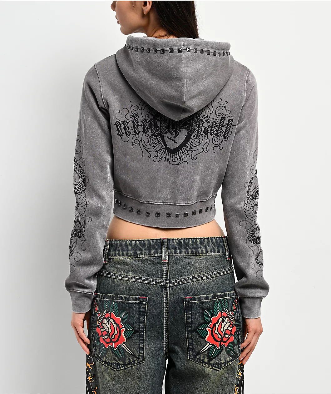 Roning By Benjart Melanie Grey Wash Mega Crop Zip Hoodie - Image 2