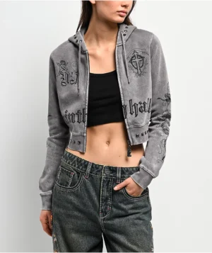 Roning By Benjart Melanie Grey Wash Mega Crop Zip Hoodie