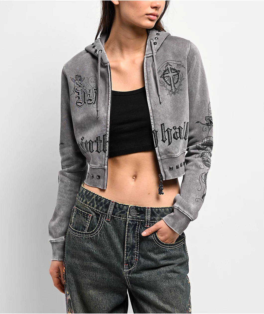 Roning By Benjart Melanie Grey Wash Mega Crop Zip Hoodie
