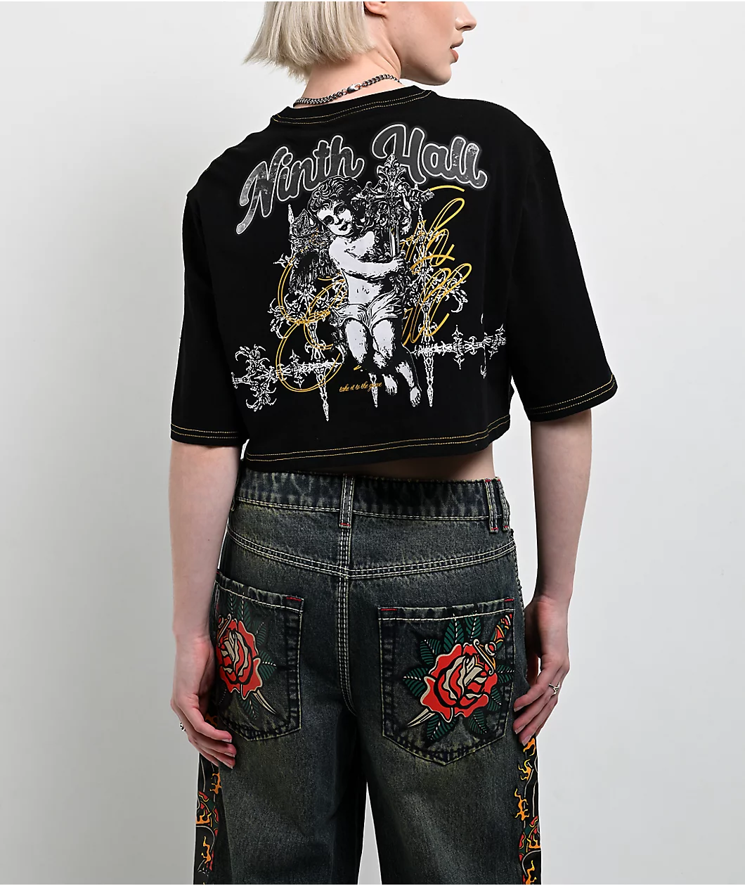 Roning By Benjart Olivia Black & Yellow Boxy Crop T-Shirt - Image 2