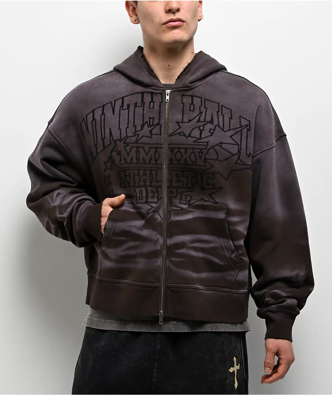 Roning By Benjart One Hundred Claws Brown Wash Distressed Crop Hoodie