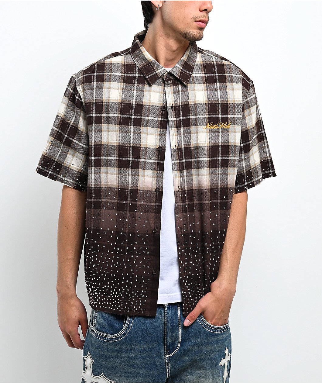 Roning By Benjart Public Plaid Beige & Black Short Sleeve Button Up Shirt