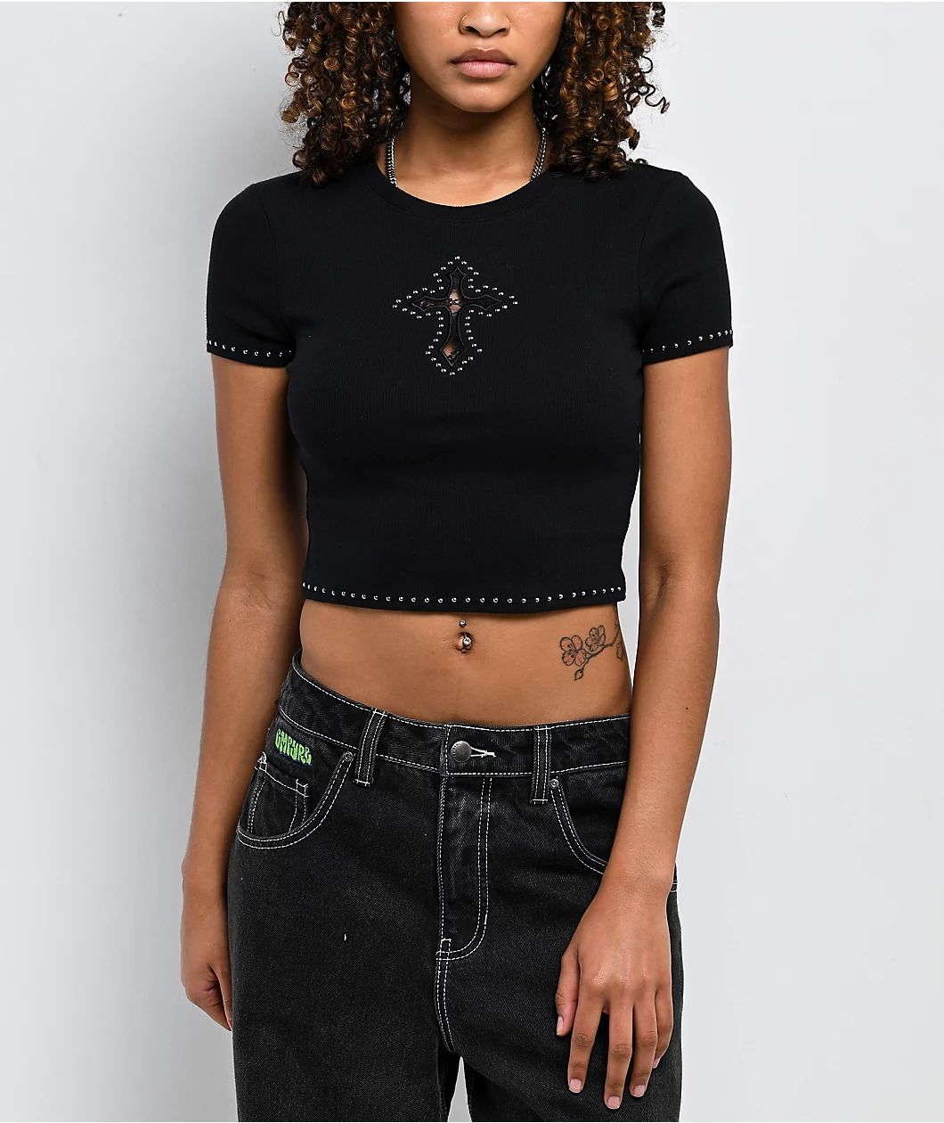 Roning By Benjart Shawnie Cross Cutout Black Fitted Crop T-Shirt